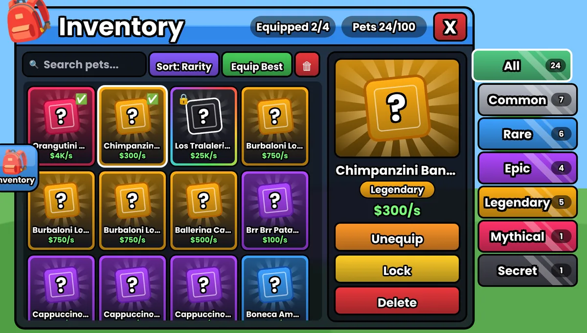 Roblox inventory interface with rarity tabs