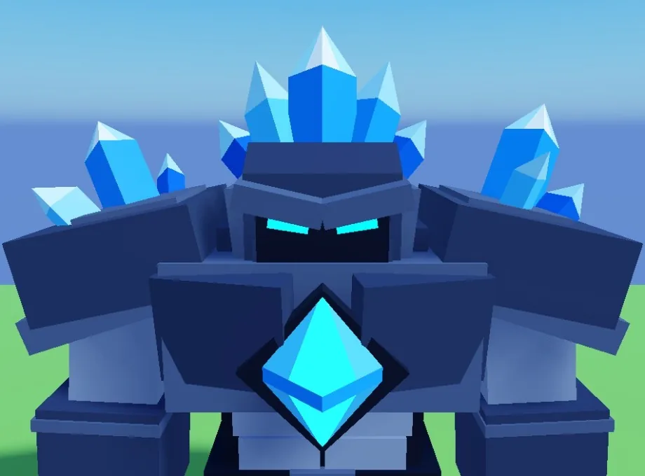 Close-up of the Frost Titan's head and glowing chest crystal